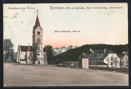 AK Ramsau /Dachstein, Platz mit Protestantischer Kirche