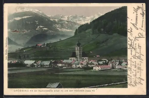 AK Gröbming, Ortsansicht mit der Hochwildstelle und dem Höchstein