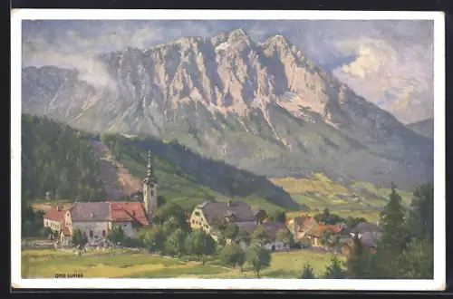Künstler-AK Öblarn, Ortsansicht gegen den Grimming