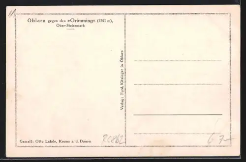 Künstler-AK Öblarn, Ortsansicht gegen den Grimming