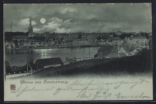 Mondschein-AK Sonderburg, Flusspartie im Vollmondlicht