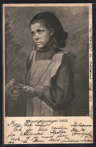 AK Kobenhavn, Bornehiaelplsdagen 1905, Trauriges Mädchen mit Blumenstrauss