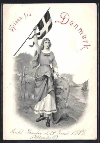 AK Dänemark, Frau mit Schild streckt Fahne in die Luft