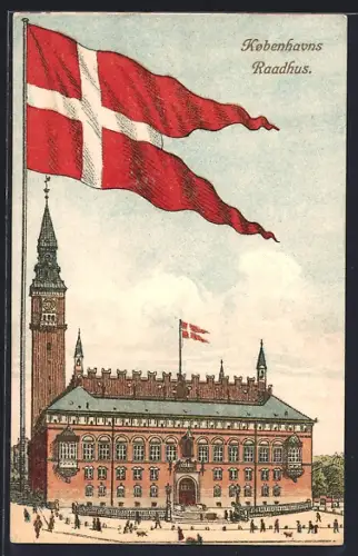 Lithographie Kobenhavn, Raadhus, Rathaus mit dänischer Fahne