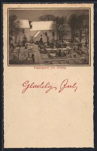 AK Jelling, Vinterparti, Friedhof im Winter