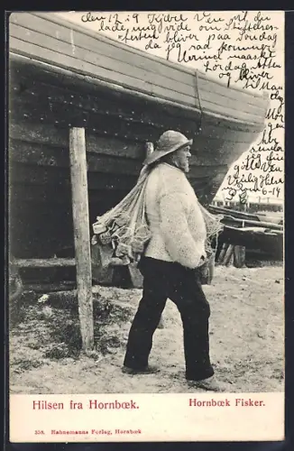 AK Hornboek, Fisker, Fischer am Strand mit Fischnetz