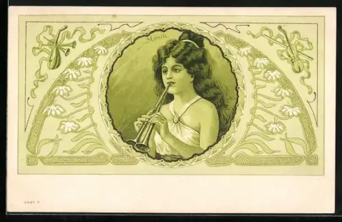 AK Allegorie für Musik, Frau mit Flöte, Jugendstil