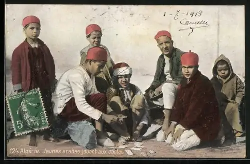 AK Algerié, Jeunes arabes jouant aux cartes, Arabische Jugendliche beim Kartenspiel