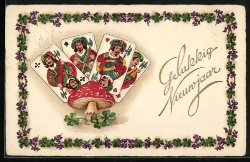 AK Spielkarten, Buben, Fliegenpilz, Neujahrsgruss