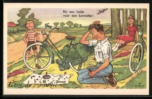 Künstler-AK Nu een heitje voor een karweitje!, Leve de vacantie, Fahrrad