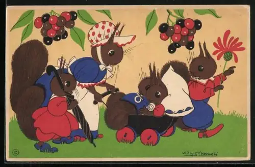 Künstler-AK Willy Schermele: Eichhörnchenfamilie beim Spaziergang mit Kinderwagen