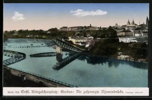 AK Grodno, gesprengte Njemenbrücke aus der Vogelschau