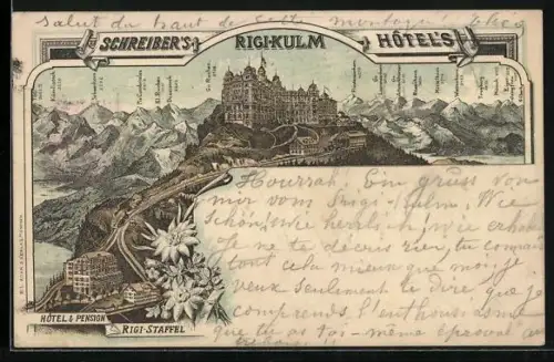 Lithographie Rigi-Kulm, Schreiber`s Rigi-Kulm Hotel und Hotel & Pension Rigi-Staffel