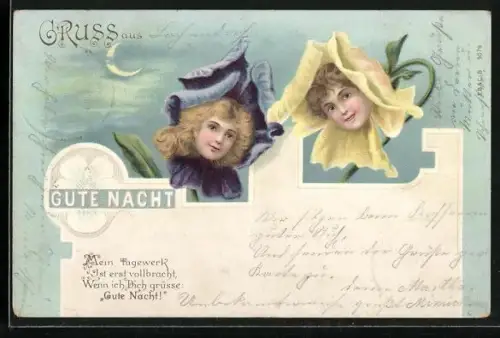 AK Gute Nacht, Frauenköpfe in Blüten