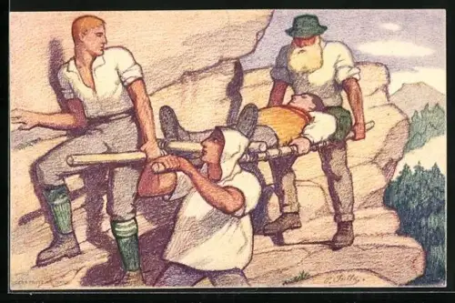 AK Schweizer Bundesfeier 1921 - Männer tragen einen Verletzten auf der Trage einen Bergpfad entlang