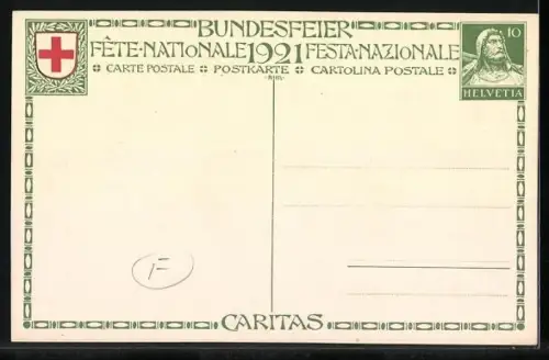 AK Schweizer Bundesfeier 1921 - Männer tragen einen Verletzten auf der Trage einen Bergpfad entlang