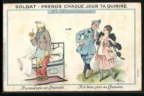 Künstler-AK Albert Guillaume: Kranker Soldat an seinem Bett, Soldat unterwegs mit seiner Liebsten, Reklame f. Quinine