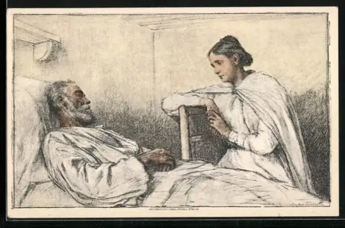 Künstler-AK Schweizer Bundesfeier 1927, Krankenschwester am Krankenbett