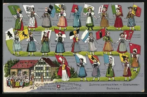 AK Schweizer Frauen in verschiedenen Trachten und jeweiliger Wappenflagge in der Hand