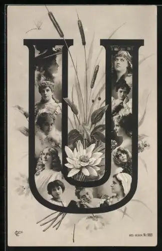 AK Frauenportraits gerahmt vom Buchstaben U und Seerosen