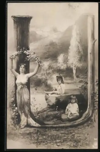 AK Buchstabe U, Frau hält Blütensträucher, Kinder auf der Wiese