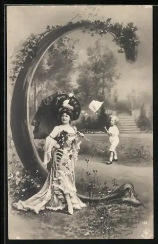 AK Buchstabe C, Frau mit Schirm im Park, Junge fängt Schmetterlinge