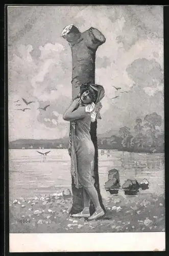 Künstler-AK Junge Frau steht vor dem Buchstaben I