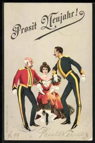 Künstler-Lithographie Zwei britische Militärs buhlen um eine Dame