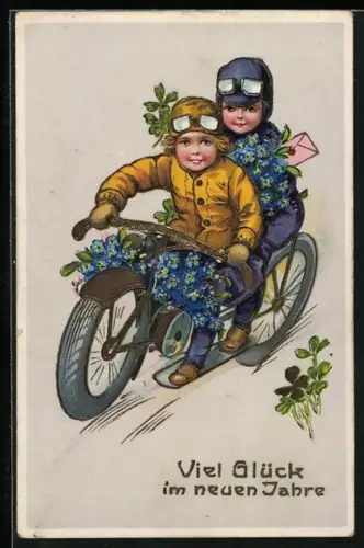 AK Viel Glück im neuen Jahre, Kinder auf Motorrad