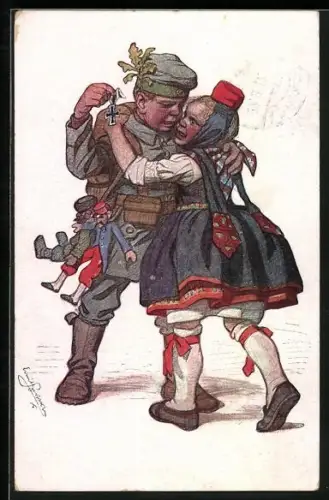 Künstler-AK Emil Beithan: Mädchen in hessischer Tracht umarmt den Jungen in Uniform