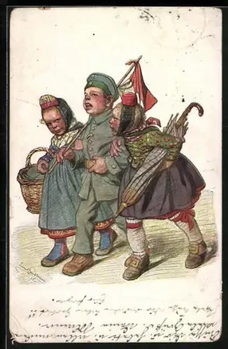 Künstler-AK Emil Beithan: junger Soldat mit Mädchen am Arm