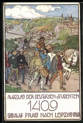 AK Auszug der Deutschen Studenten aus Prag nach Leipzig 1409