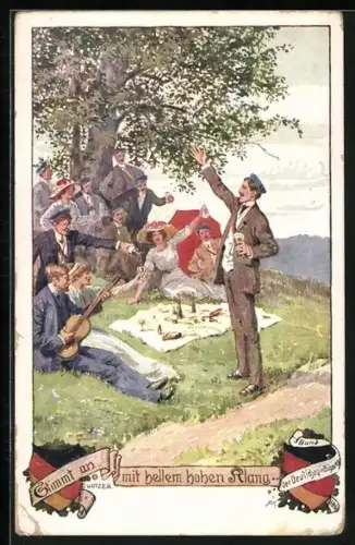 Künstler-AK Ernst Kutzer: Stimmt an mit hellem hohen Klang, Picknick im Grünen, Burschen