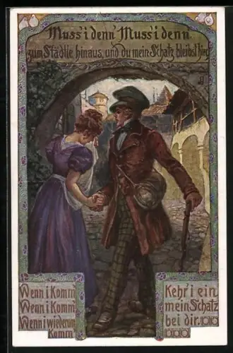 Künstler-AK Muss i denn zum Städtle hinaus, Wanderer beim Abschied vom Schatz