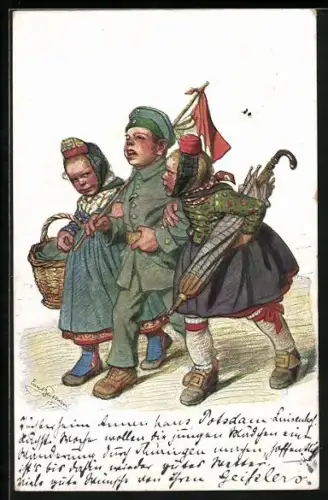 Künstler-AK Emil Beithan: junger Soldat mit Mädchen am Arm