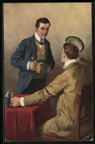 Künstler-AK Georg Mühlberg: Studenten in Uniform, mit Krügen