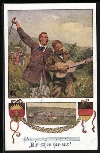 Künstler-AK Karl Friedrich Gsur: Deutscher Schulverein Nr. 1232, Burschen Heraus, Junge Männer mit Gitarre