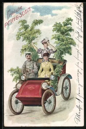 AK zwei Damen und ein Herr fahren mit dem Auto, Pfingsten