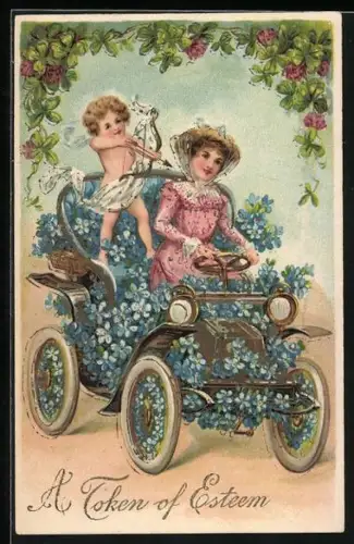 Lithographie Amor zielt auf junge Frau im Auto