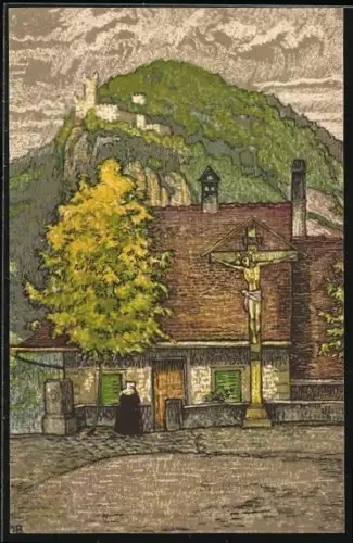 Künstler-AK Baden, Schartenfels, Ortspartie mit Häusern und Christuskreuz
