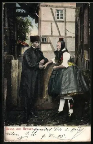 AK Gruss aus Hessen, Paar in Tracht