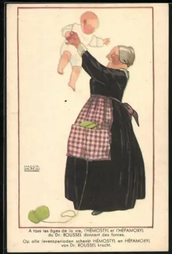 Künstler-AK L`Hémostyl et l`Hépamoxyl du Dr. Roussel..., Grussmutter mit Säugling