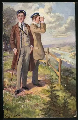 Künstler-AK Georg Mühlberg: Studenten blicken mit Fernglas auf das Tal