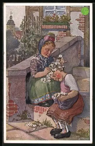 Künstler-AK Kinder flechten Blumenschmuck, hessische Tracht