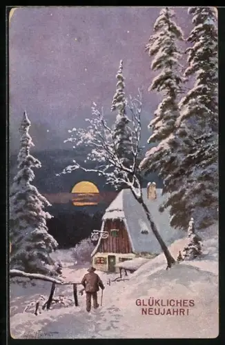 Künstler-AK sign.: Willy Moralt: Mann auf dem Heimweg im Schnee