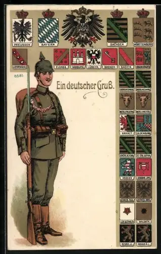 Künstler-AK Ein deutscher Gruss, Infanterist in Uniform, Wappen von Schwarzburg