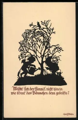Künstler-AK Georg Plischke: Kleiner Engel giesst einen Baum, Zwerg mit Lampe, Schattenbild