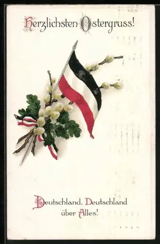 Präge-AK Deutsche Flagge mit Weidenkätzchen, Ostergruss