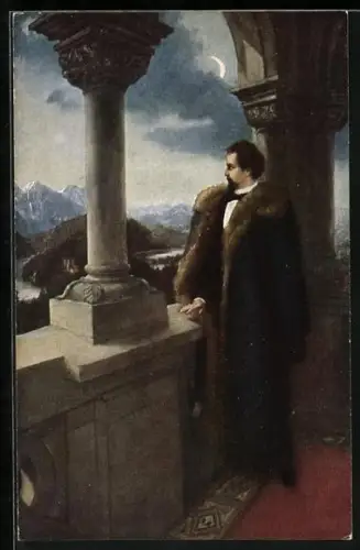 AK König Ludwig II. von Bayern im Mantel schaut vom Balkon hinab