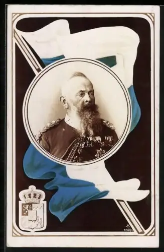AK Prinzregent Luitpold von Bayern in Uniform mit weissblauer Flagge, Wappen